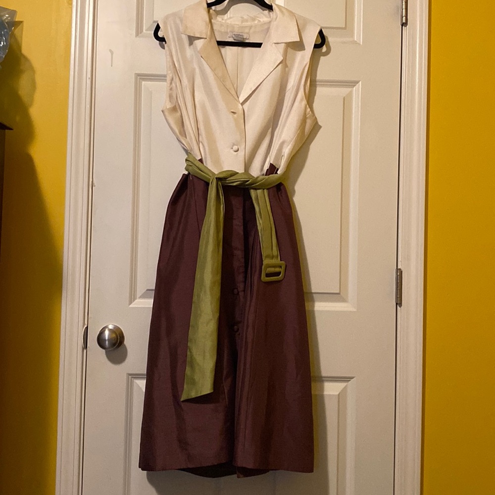 Cream/Brown Dress with Green Sash/Belt